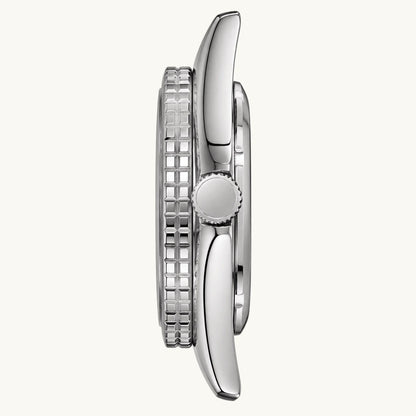 Side profile of the Rift Diver watch case, showing the silver-tone crown and bezel