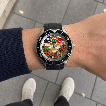 Personalized Puerto Rican pride watch - black strap worn outdoors over a paved walkway