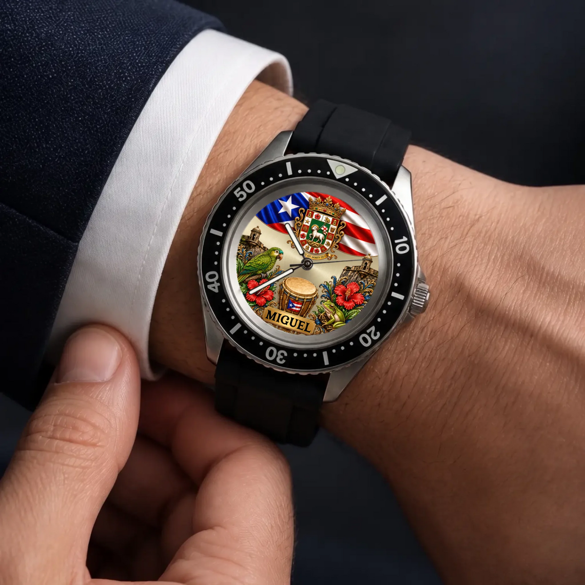 Personalized Puerto Rican pride watch - black strap worn with a suit and white cuff