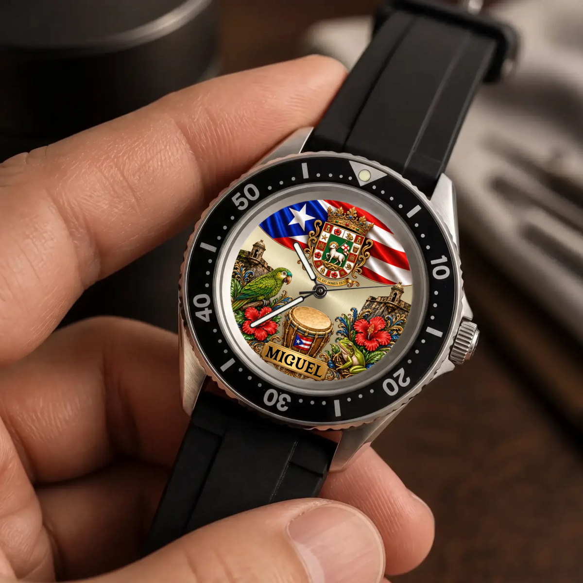 Personalized Puerto Rican pride watch - dial and numbered black bezel, handheld close-up