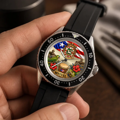Personalized Puerto Rican pride watch - dial and numbered black bezel, handheld close-up
