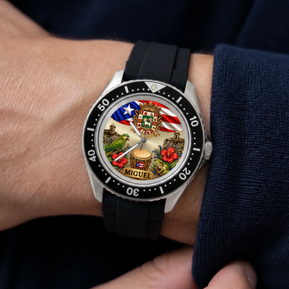 Personalized Puerto Rican pride watch - black strap shown on the wrist with a dark sleeve