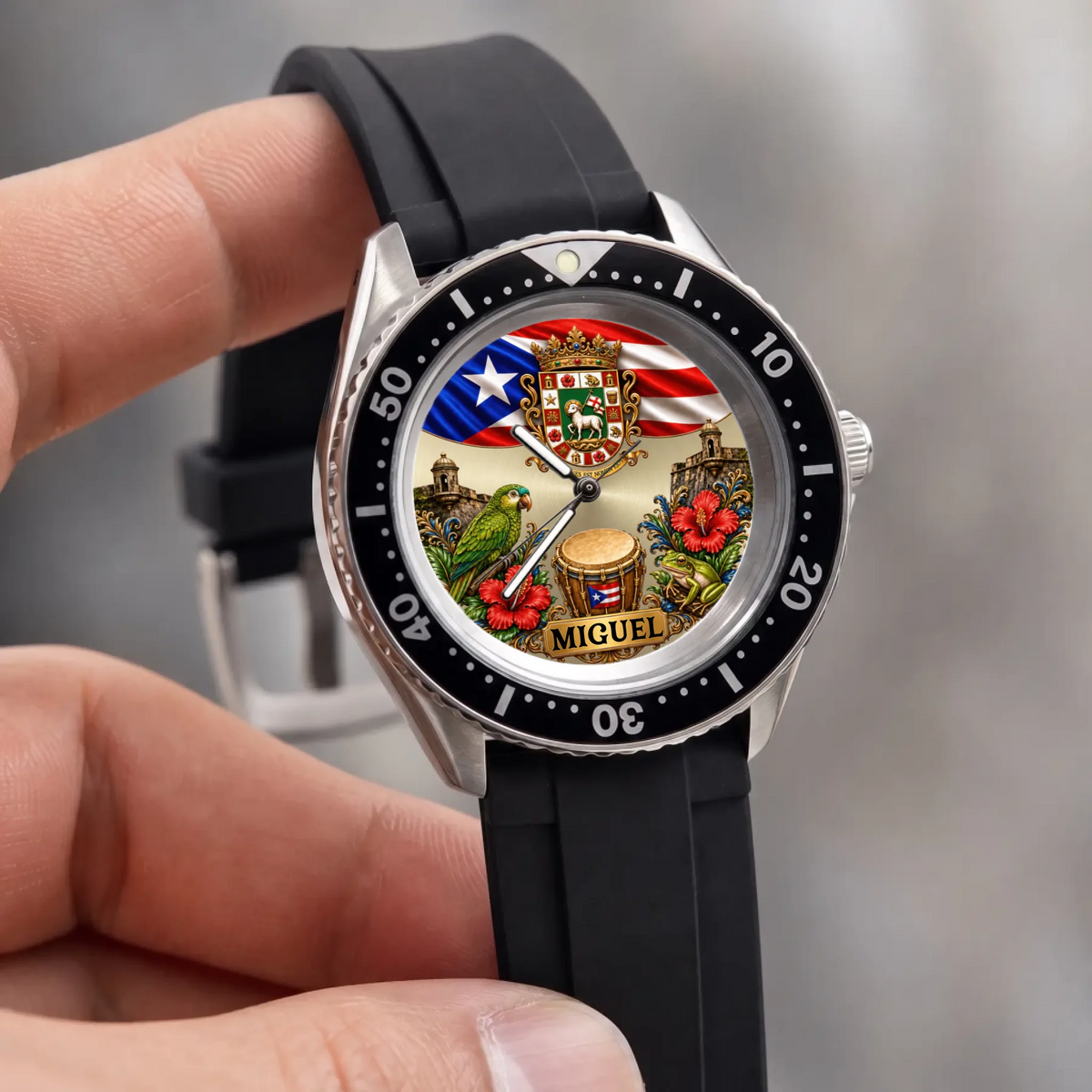 Personalized Puerto Rican pride watch - black strap and numbered bezel held in a hand