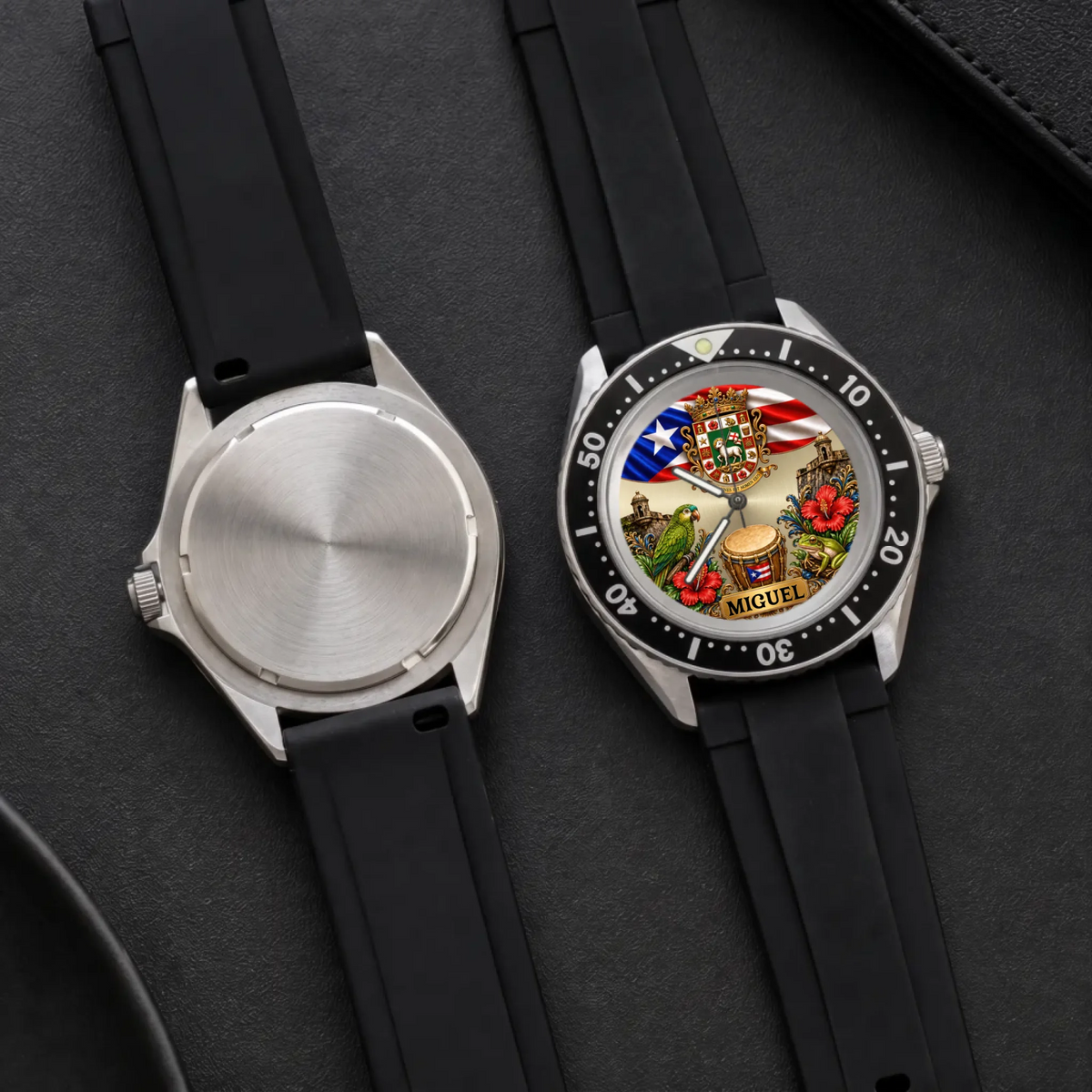 Personalized Puerto Rican pride watch - front dial and metal case back shown side by side