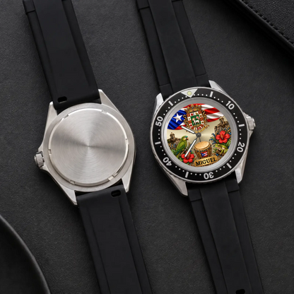 Personalized Puerto Rican pride watch - front dial and metal case back shown side by side