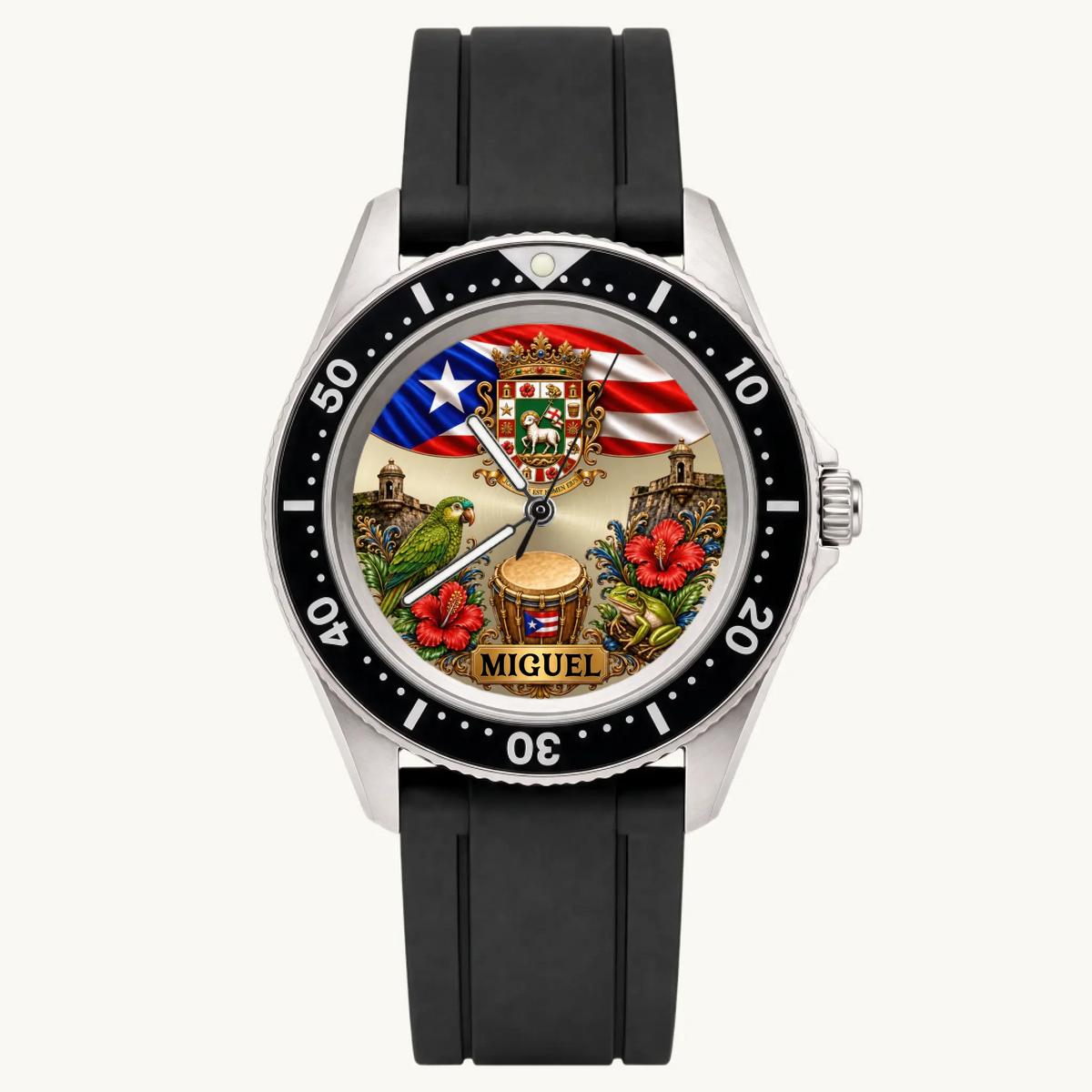 Personalized Puerto Rican pride watch - black strap and numbered black bezel, front view