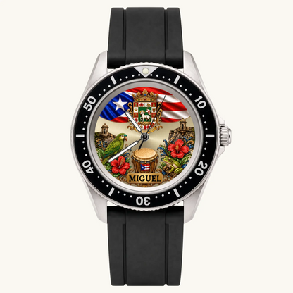 Personalized Puerto Rican pride watch - black strap and numbered black bezel, front view
