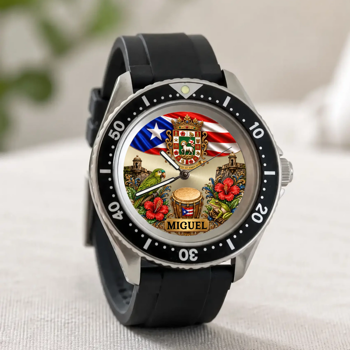 Personalized Puerto Rican pride watch - black strap displayed upright on a light surface