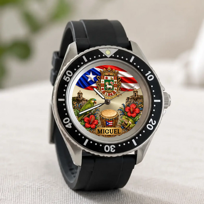 Personalized Puerto Rican pride watch - black strap displayed upright on a light surface
