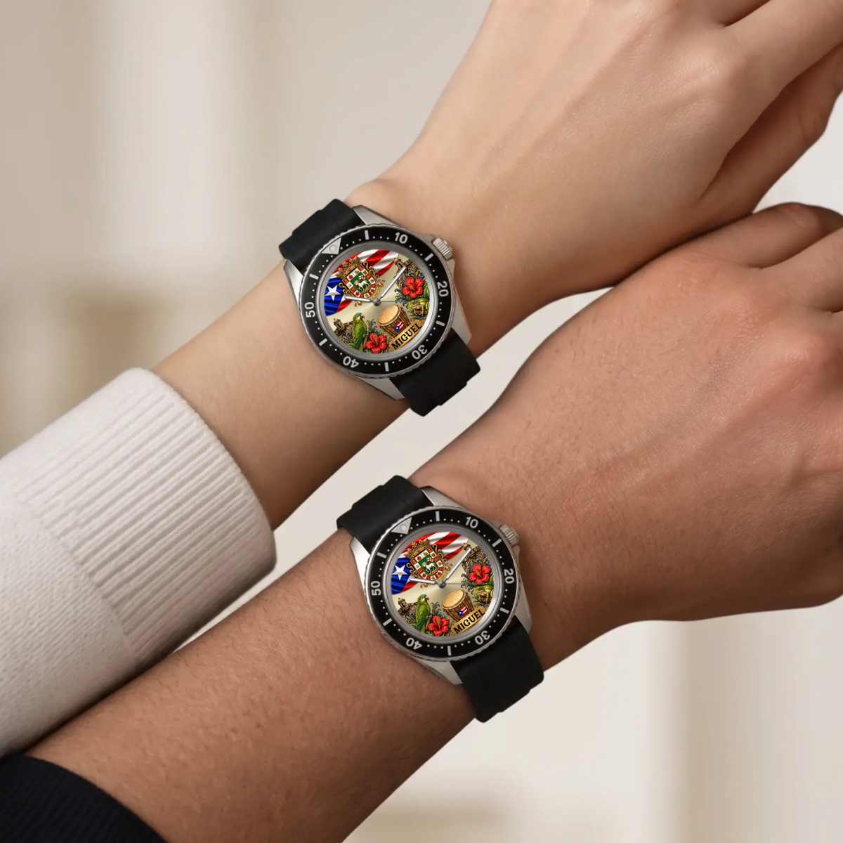 Personalized Puerto Rican pride watch - matching black-strap watches shown on two wrists