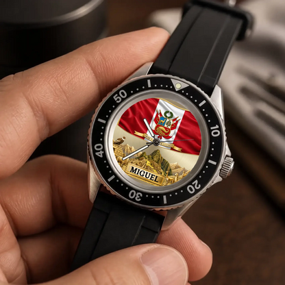 Personalized Peruvian heritage watch - dial and numbered black bezel, handheld close-up