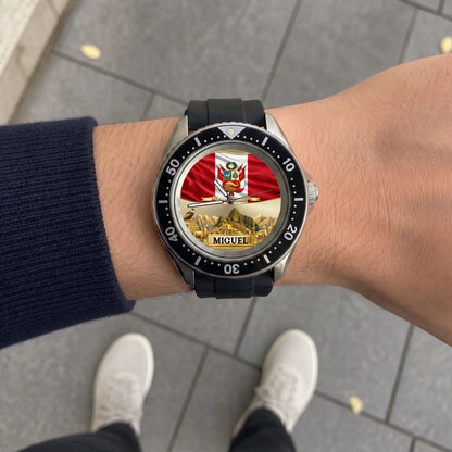 Personalized Peruvian heritage watch - black strap worn outdoors over a paved walkway