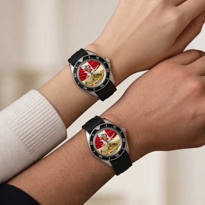 Personalized Peruvian heritage watch - matching black-strap watches shown on two wrists