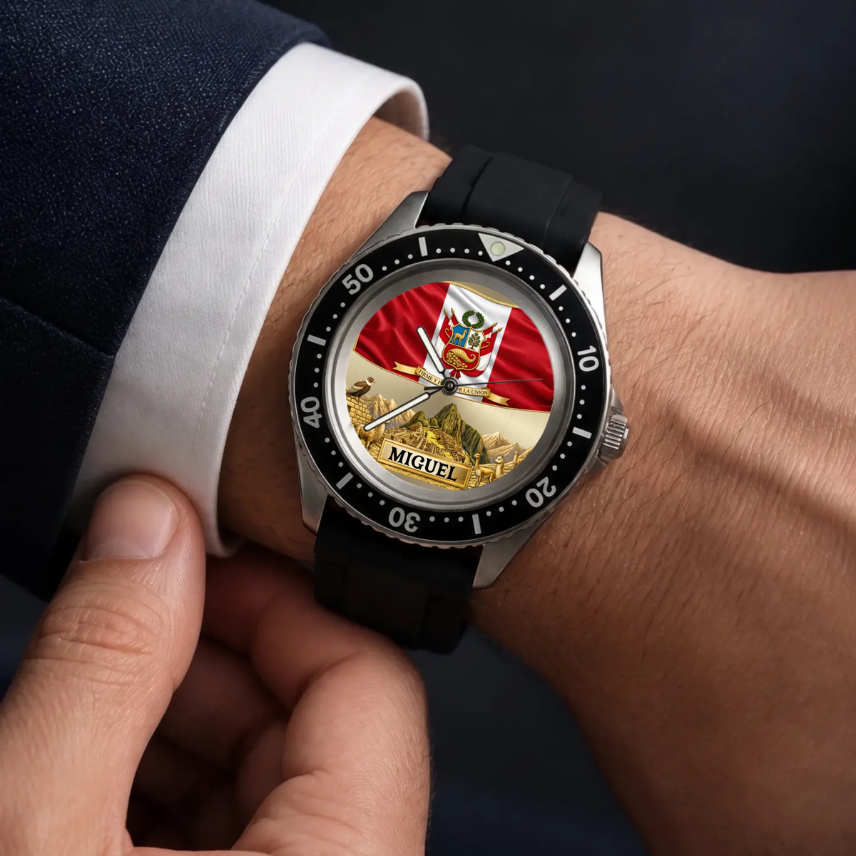 Personalized Peruvian heritage watch - black strap worn with a suit and white cuff