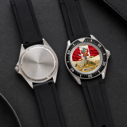 Personalized Peruvian heritage watch - front dial and metal case back shown side by side