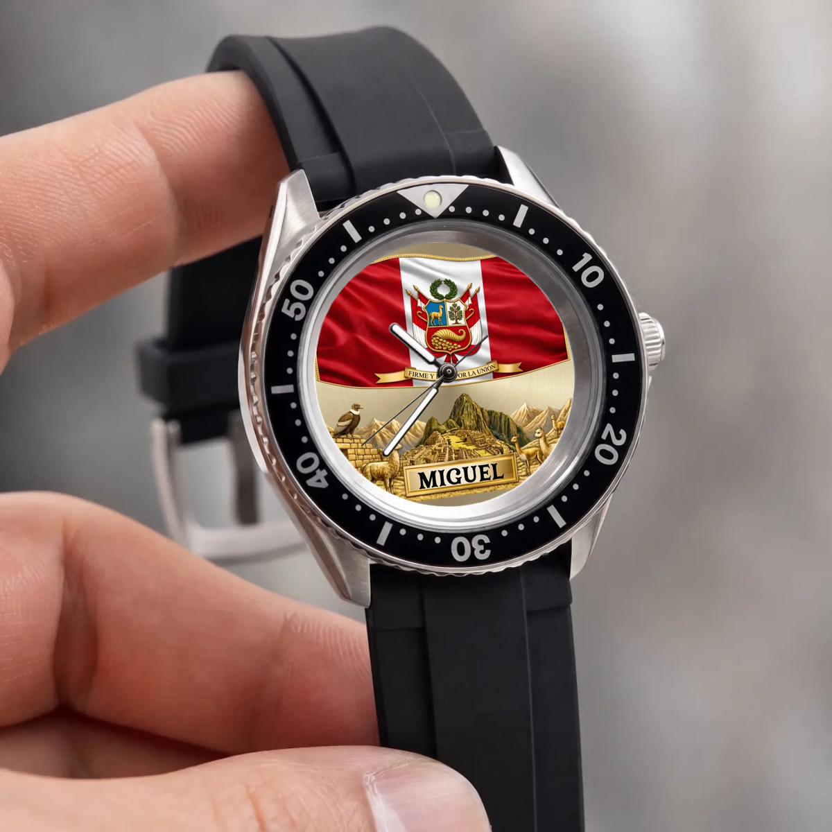 Personalized Peruvian heritage watch - black strap and numbered bezel held in a hand
