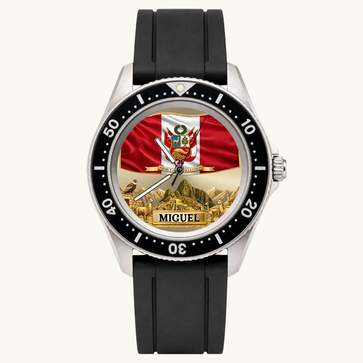 Personalized Peruvian heritage watch - black strap and numbered black bezel, front view