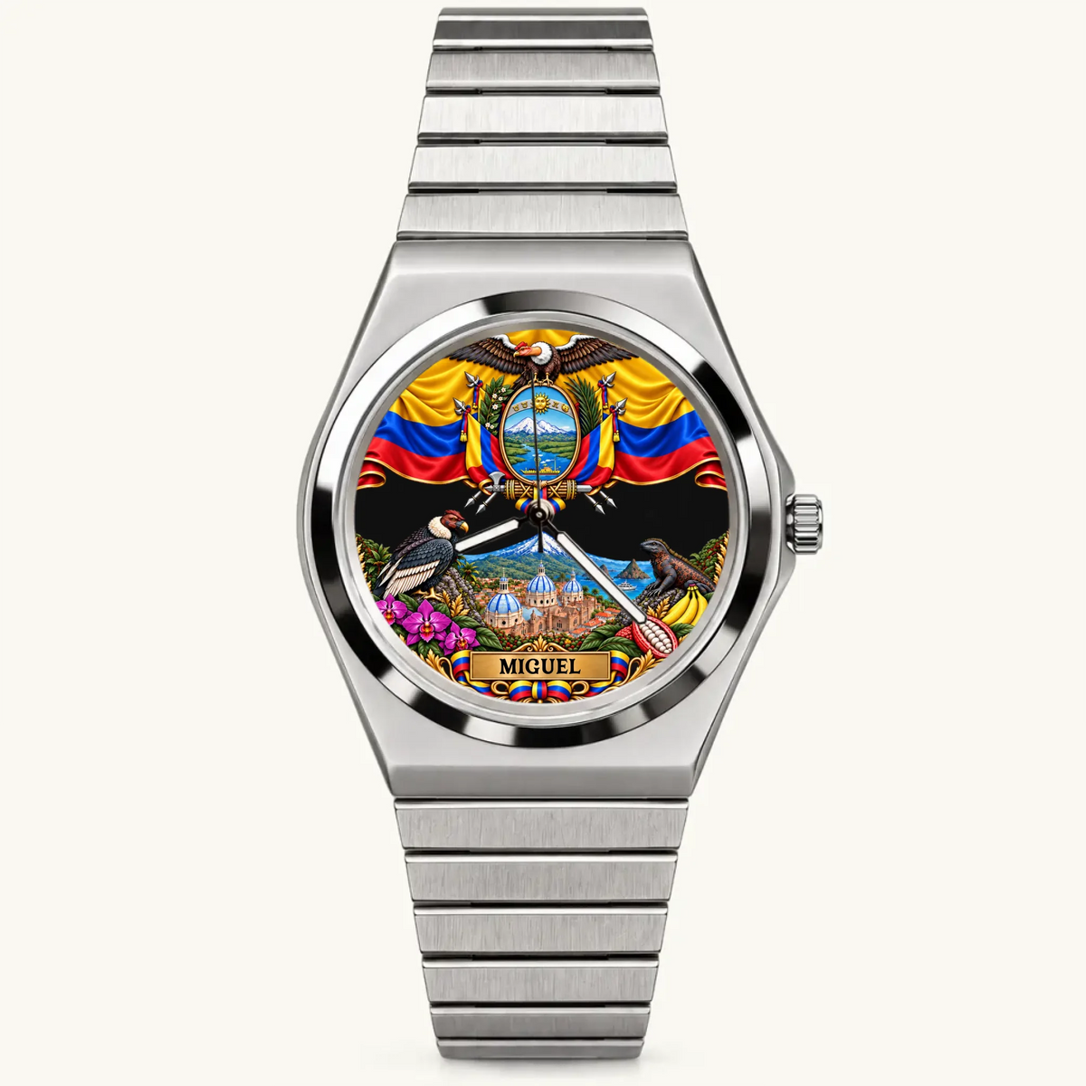 Personalized Ecuador watch with custom name, silver-tone Signature Round bracelet, front view