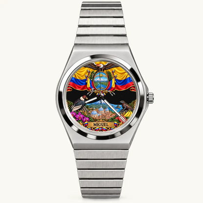 Personalized Ecuador watch with custom name, silver-tone Signature Round bracelet, front view