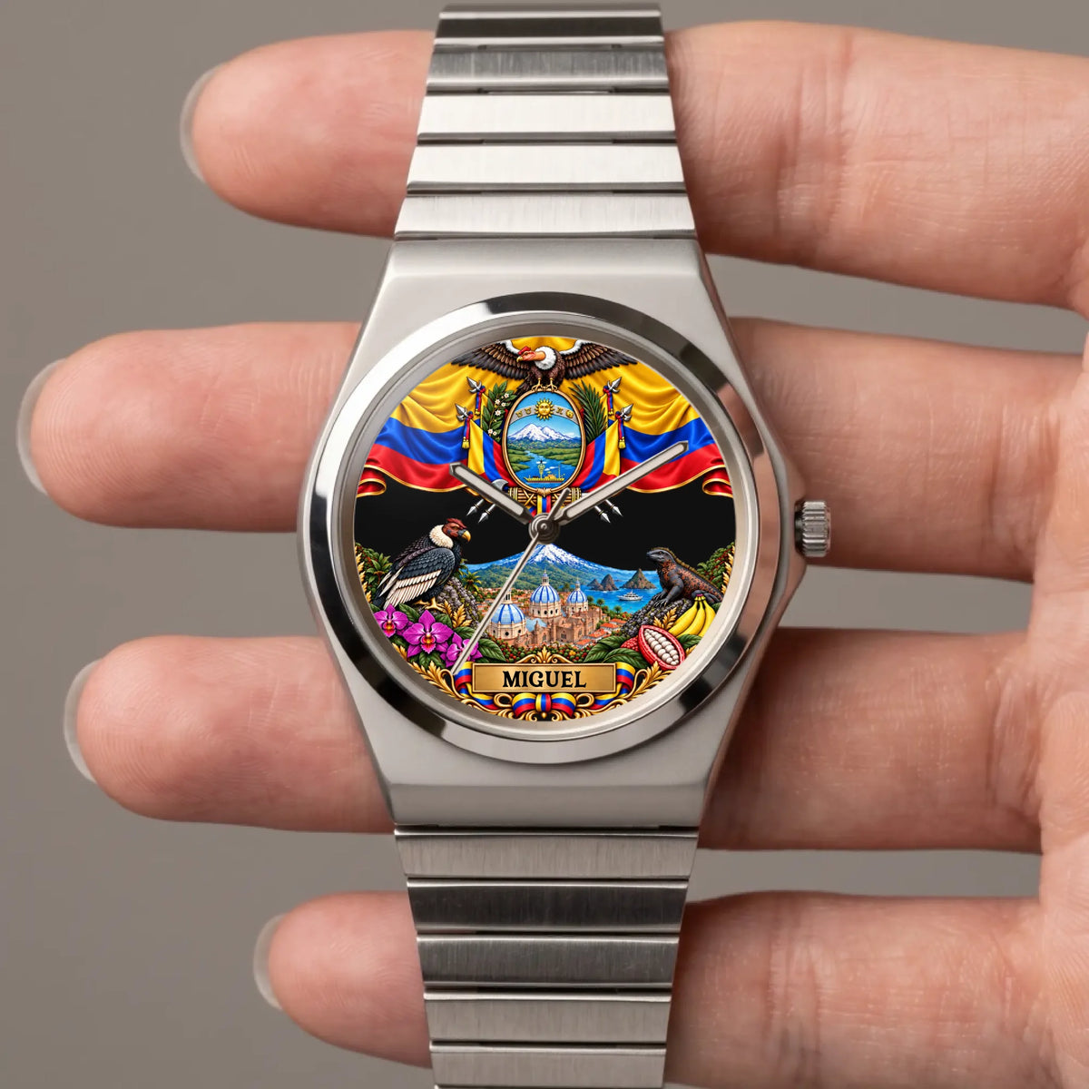 Personalized Ecuador watch with custom name, silver-tone Signature Round bracelet held in a hand
