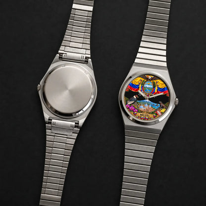 Personalized Ecuador watch with custom name, Signature Round front dial and plain case back shown together