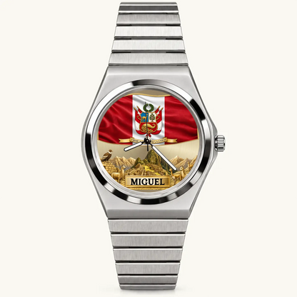 Personalized Peruvian pride watch with custom name, silver-tone Signature Round bracelet, front view