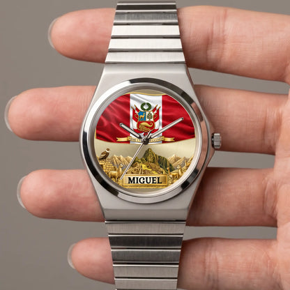 Personalized Peruvian pride watch with custom name, silver-tone Signature Round bracelet held in a hand