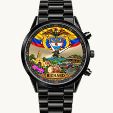 Personalized Colombian watch with custom name, flag and coat of arms on a black metal bracelet