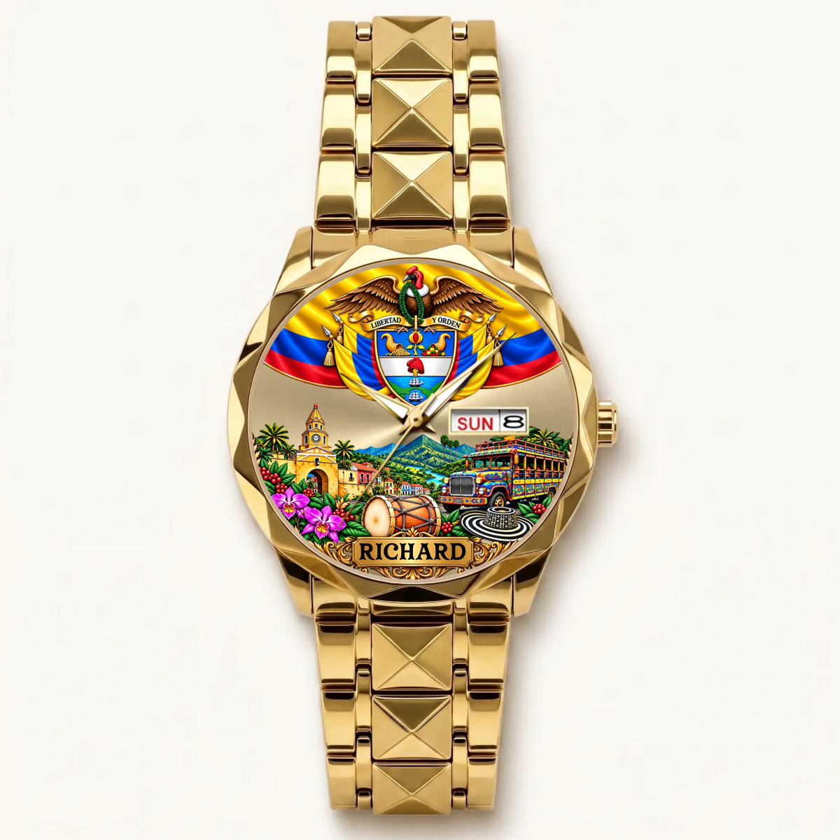 Personalized Colombian watch - gold-tone faceted bracelet and day-date display