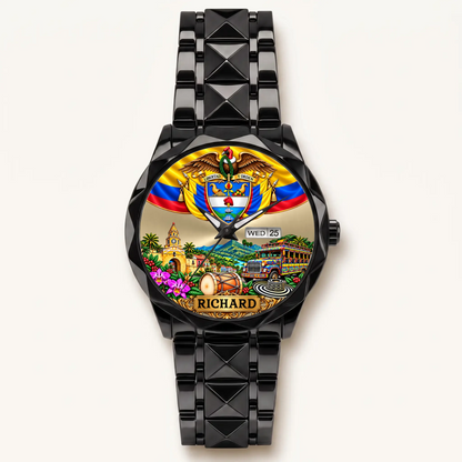 Personalized Colombian watch - black faceted bracelet and day-date display