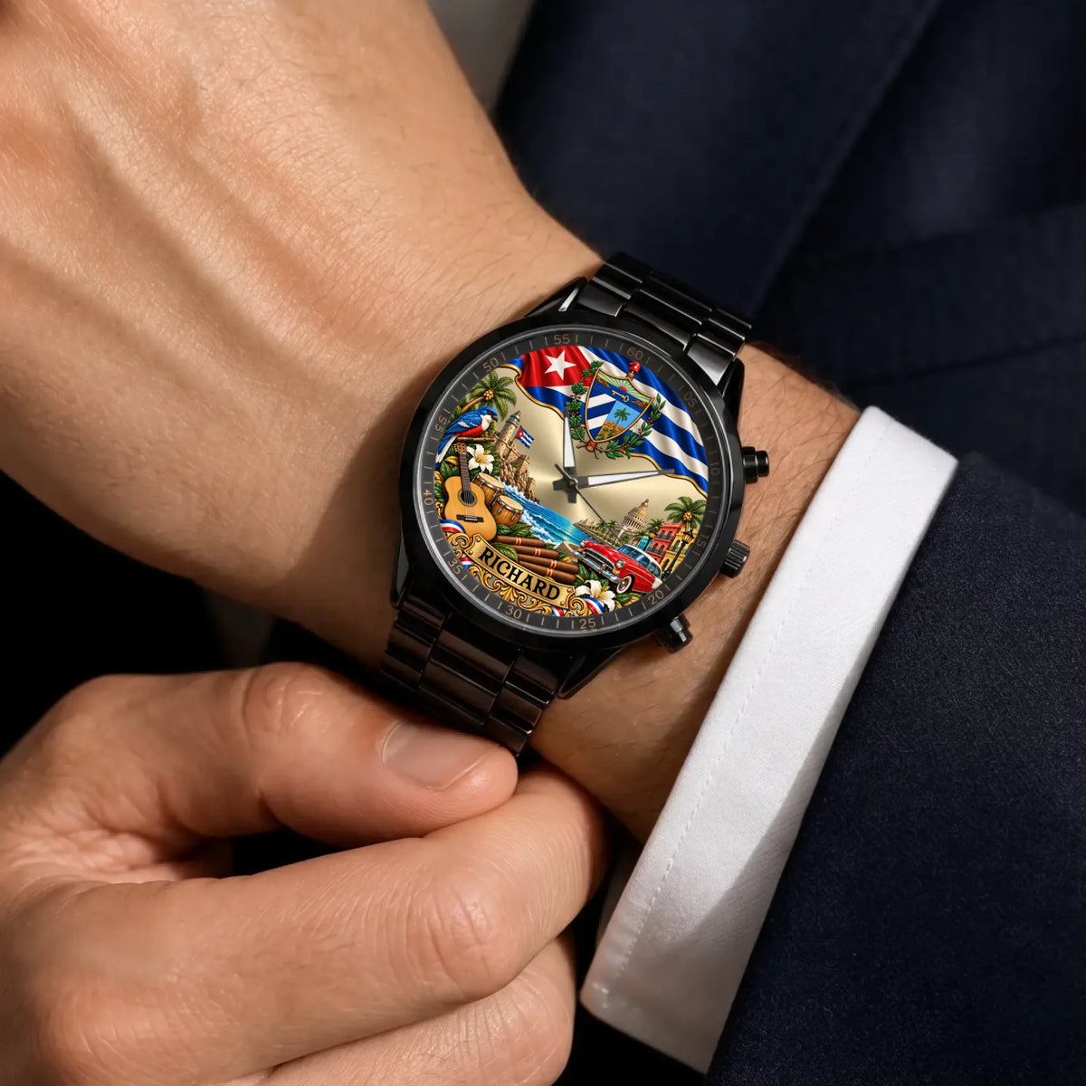 Personalized Cuban flag watch - black metal bracelet worn with a suit