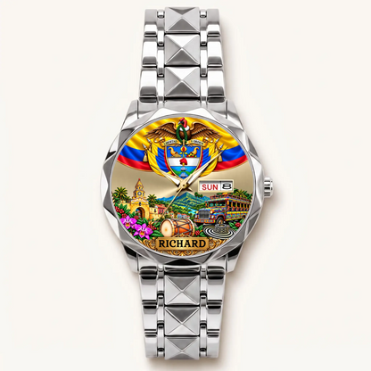 Personalized Colombian watch - silver-tone faceted bracelet and day-date display