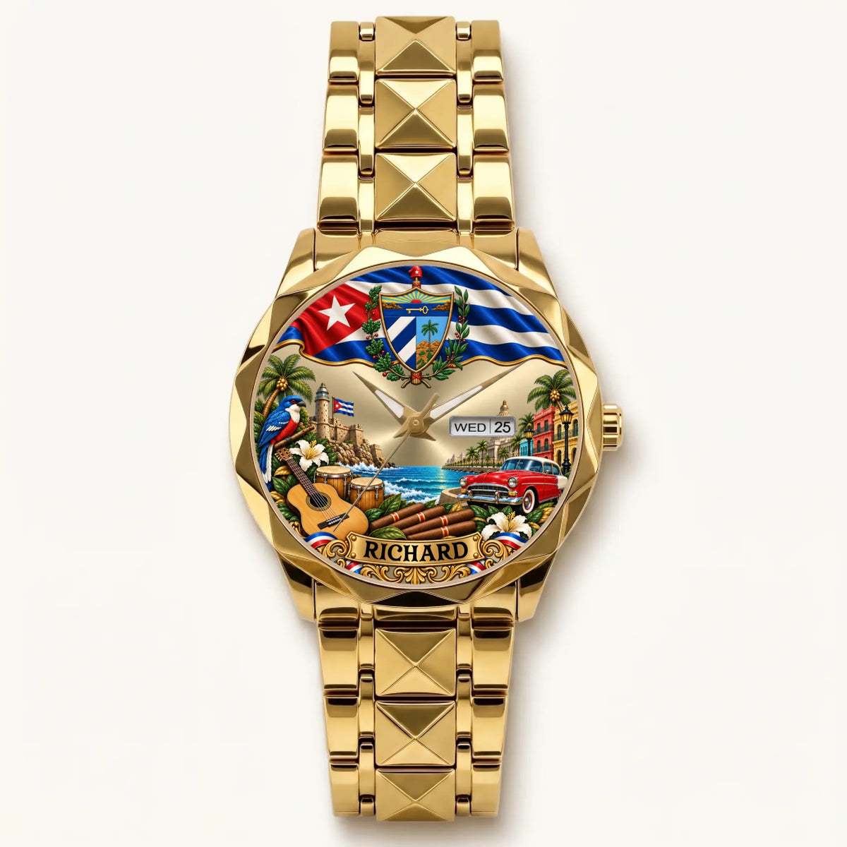 Personalized Cuban flag watch - gold-tone faceted bracelet and day-date display