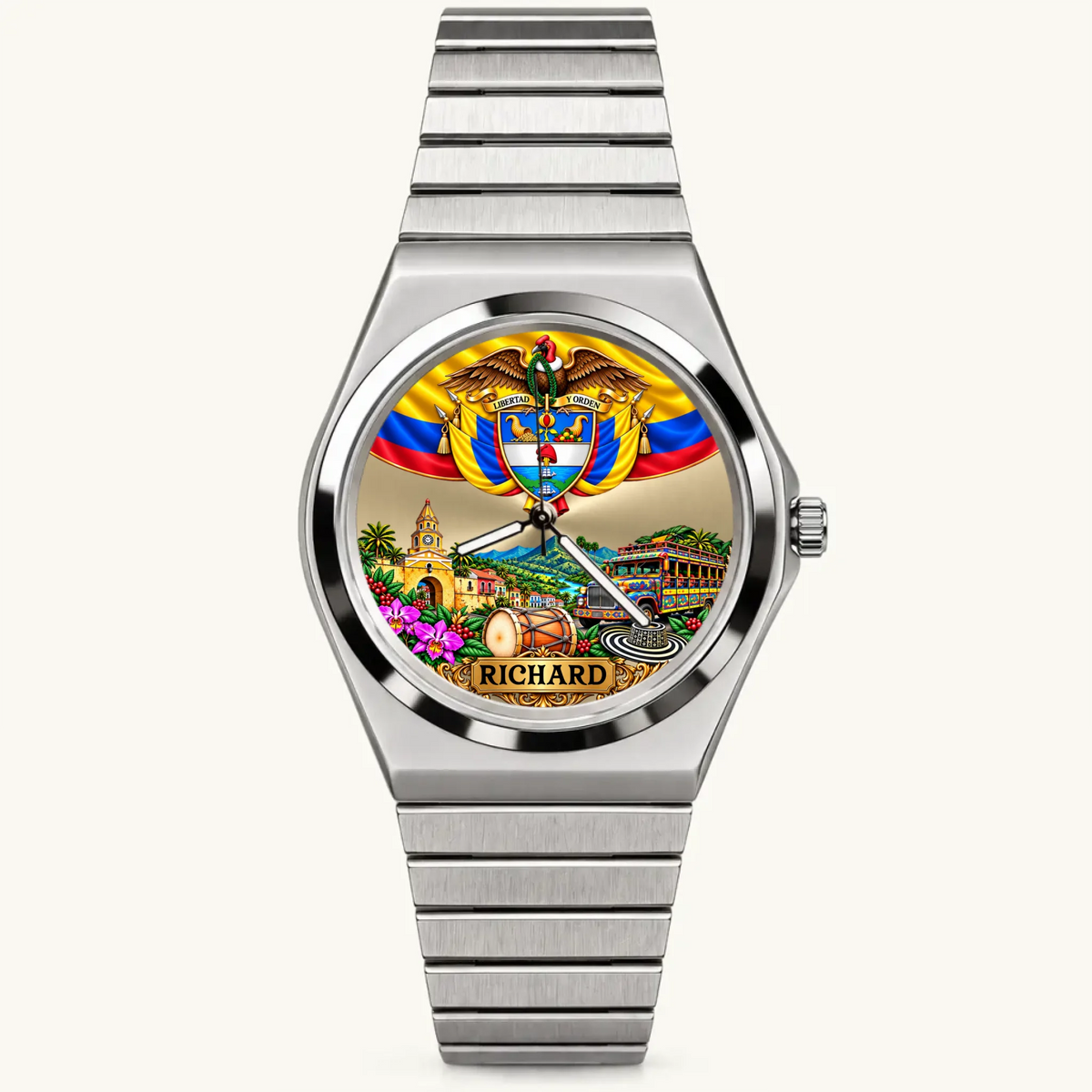 Personalized Colombian watch with custom name, silver-tone Signature Round bracelet, front view
