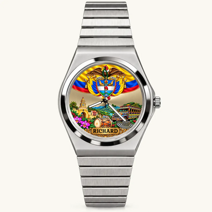 Personalized Colombian watch with custom name, silver-tone Signature Round bracelet, front view