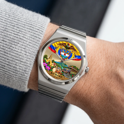 Personalized Colombian watch with custom name, silver-tone Signature Round bracelet worn with a gray sleeve