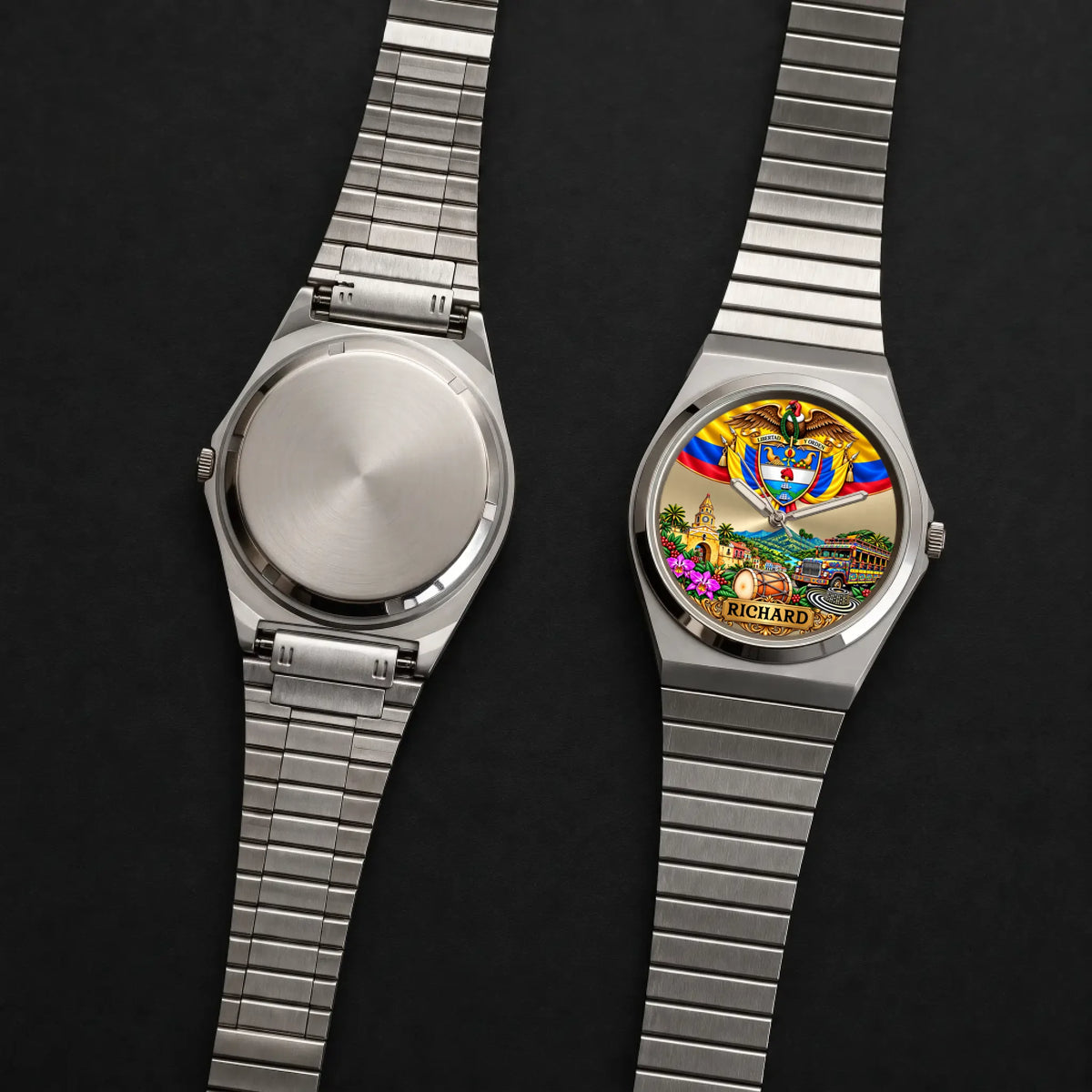 Personalized Colombian watch with custom name, Signature Round front dial and plain case back shown together