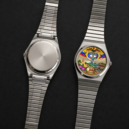 Personalized Colombian watch with custom name, Signature Round front dial and plain case back shown together