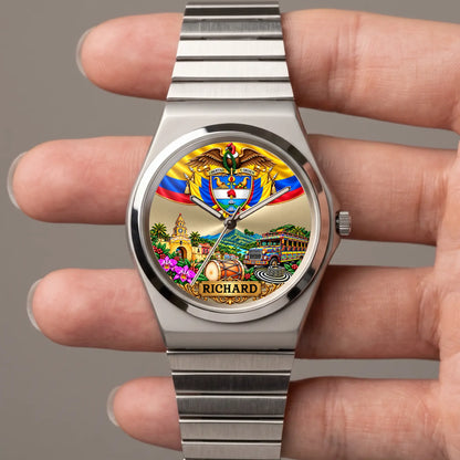 Personalized Colombian watch with custom name, silver-tone Signature Round bracelet held in a hand
