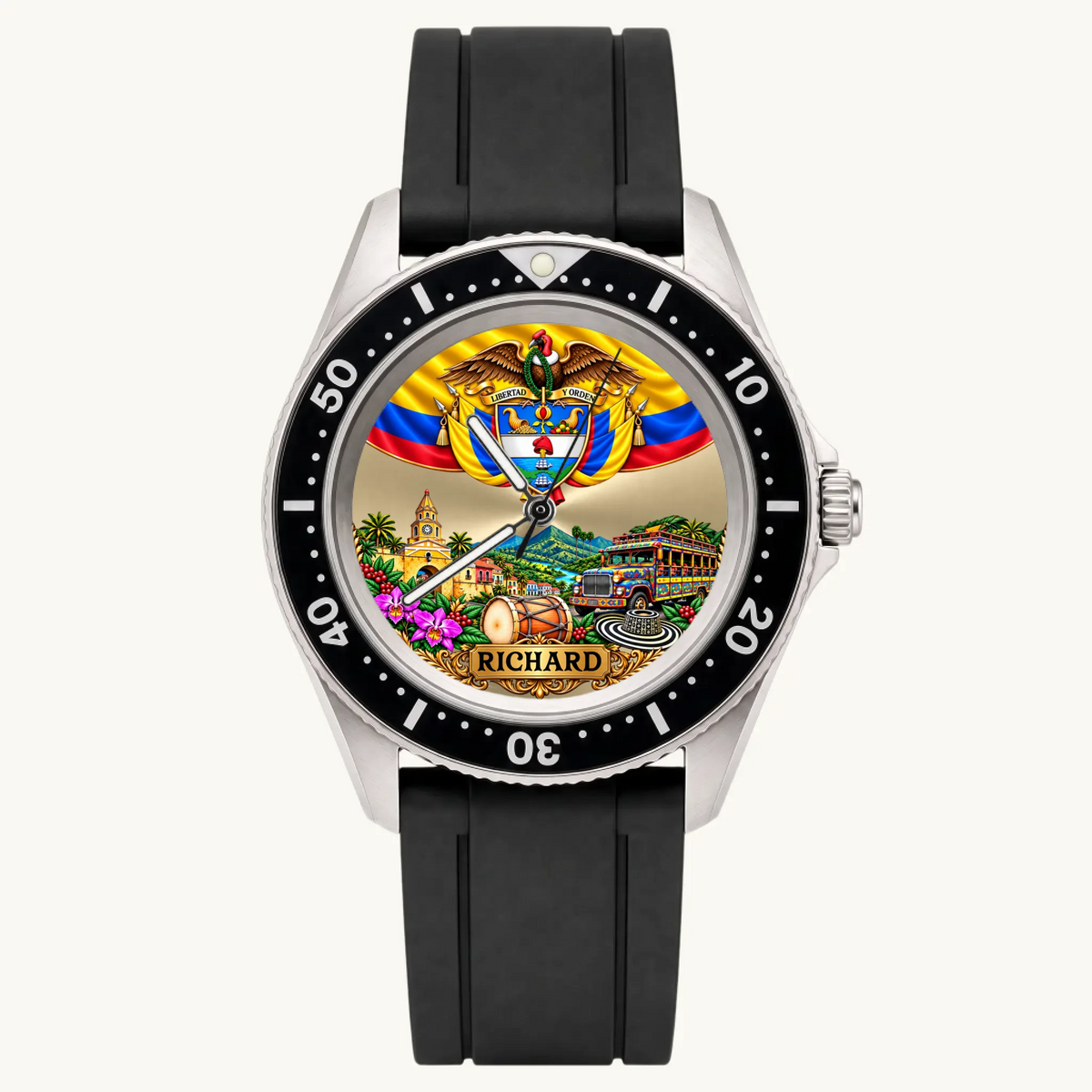 Personalized Colombian watch with custom name, Rift Diver style with black strap and numbered bezel, front view