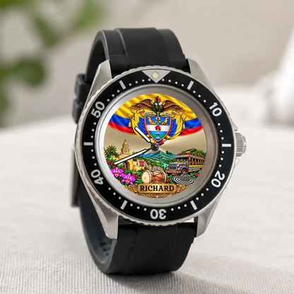 Personalized Colombian watch with custom name, Rift Diver style with black strap standing on a light surface