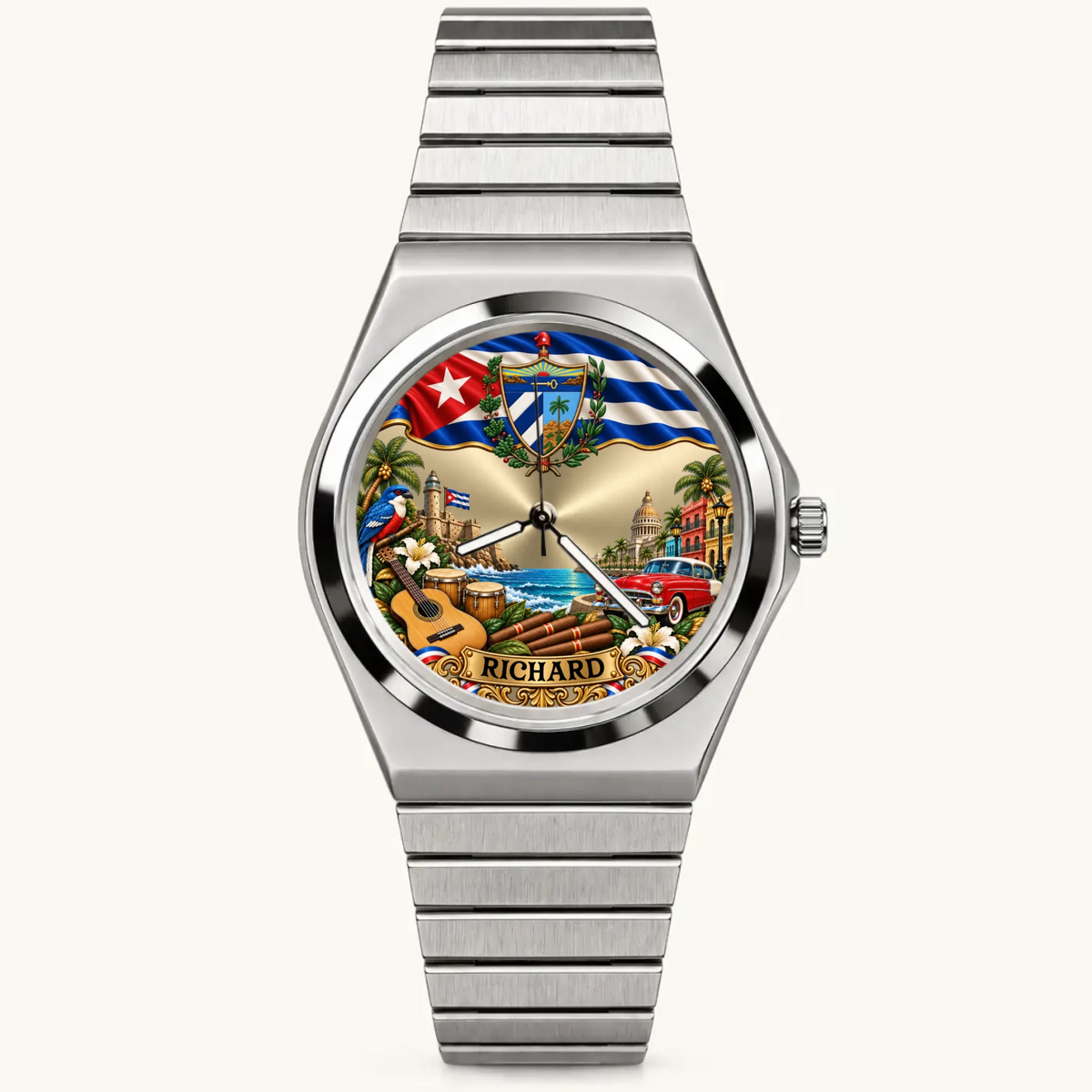 Personalized Cuban flag watch with custom name, silver-tone Signature Round bracelet, front view