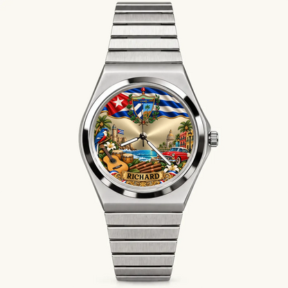 Personalized Cuban flag watch with custom name, silver-tone Signature Round bracelet, front view