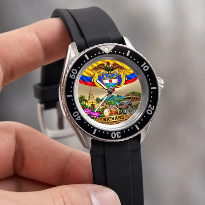 Personalized Colombian watch with custom name, Rift Diver style with black strap held against a light background