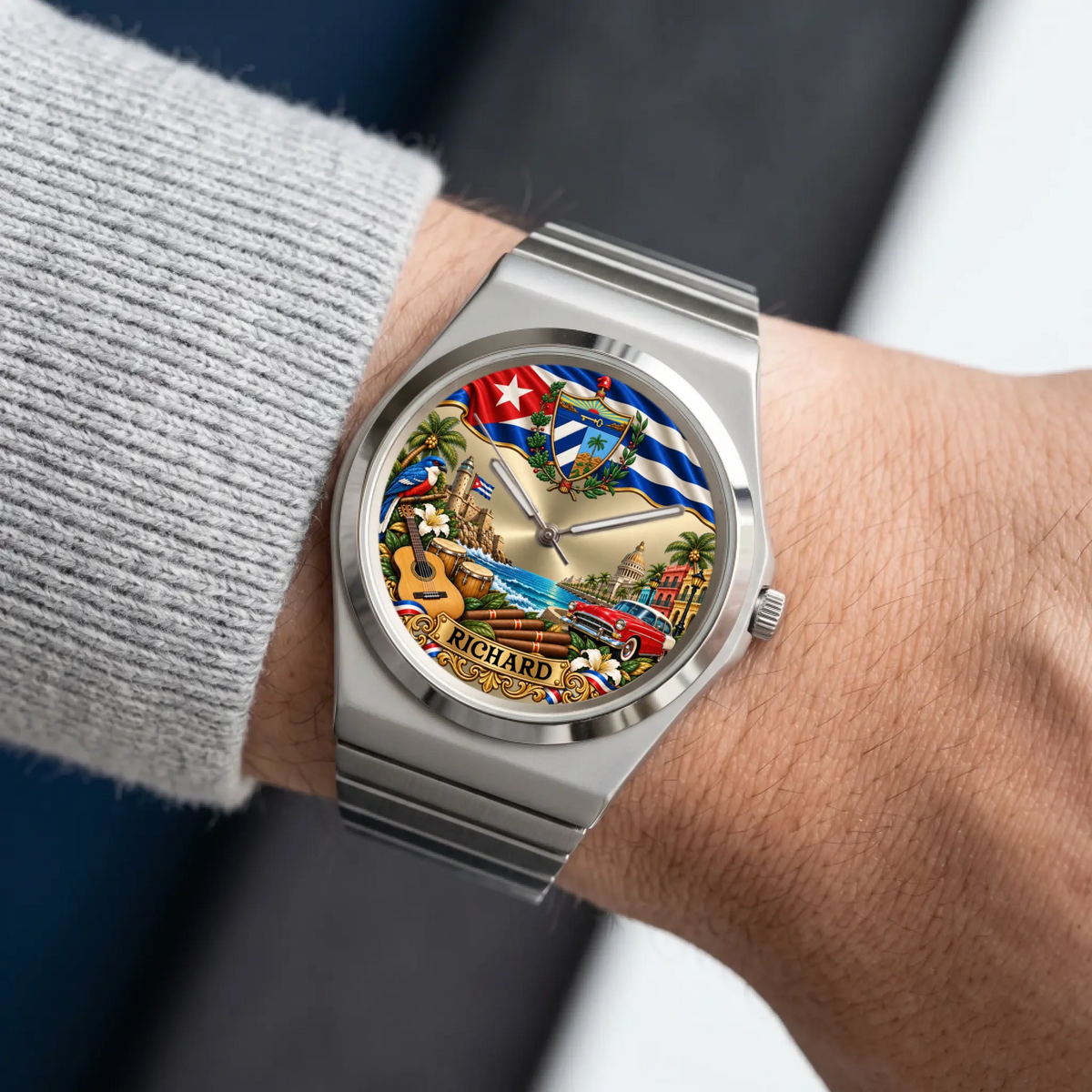 Personalized Cuban flag watch with custom name, silver-tone Signature Round bracelet worn with a gray sleeve