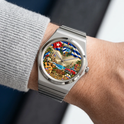 Personalized Cuban flag watch with custom name, silver-tone Signature Round bracelet worn with a gray sleeve