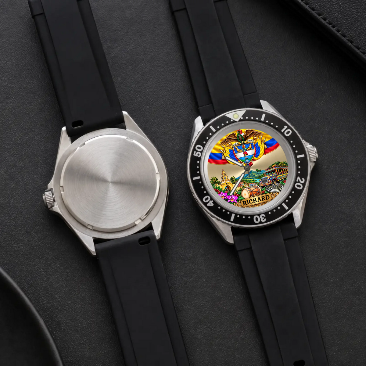 Personalized Colombian watch with custom name, Rift Diver front dial and plain case back shown together