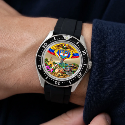 Personalized Colombian watch with custom name, Rift Diver style with black strap worn with a navy sleeve