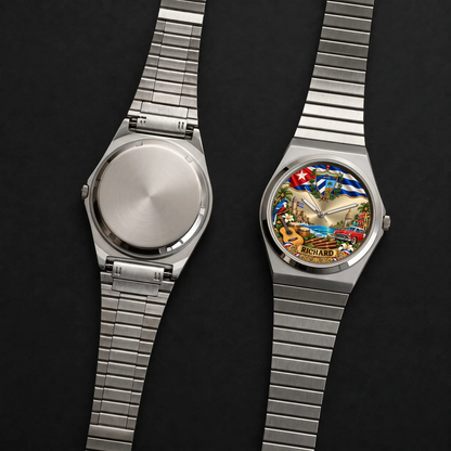 Personalized Cuban flag watch with custom name, Signature Round front dial and plain case back shown together