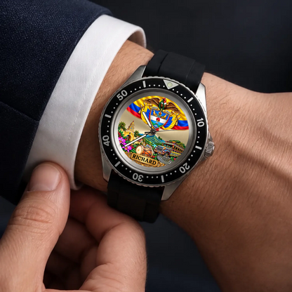 Personalized Colombian watch with custom name, Rift Diver style with black strap worn with a white shirt cuff